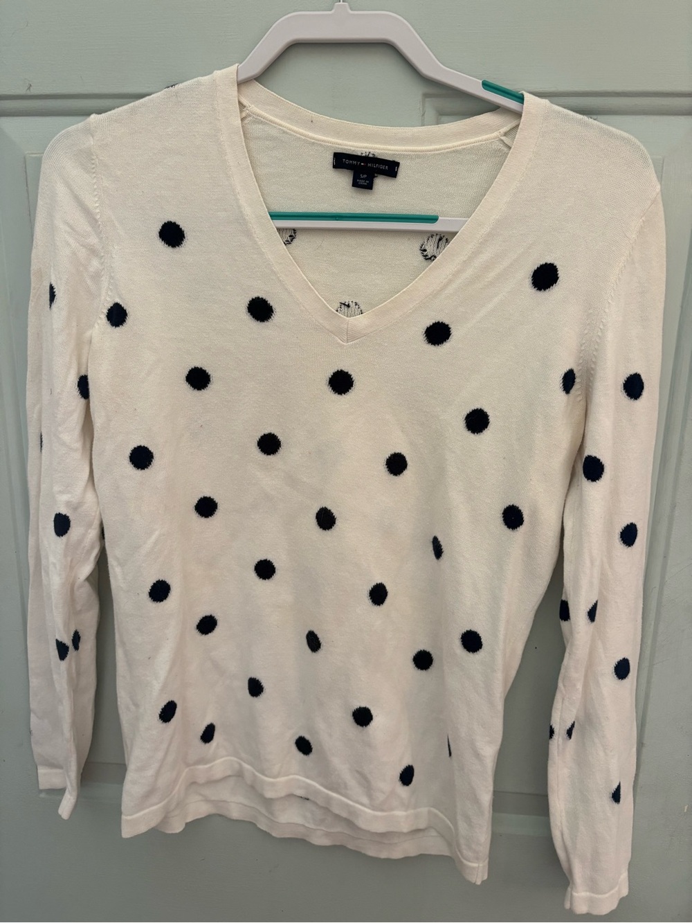 Tommy Hilfiger Cream V-Neck Sweater with Black Polka Dots